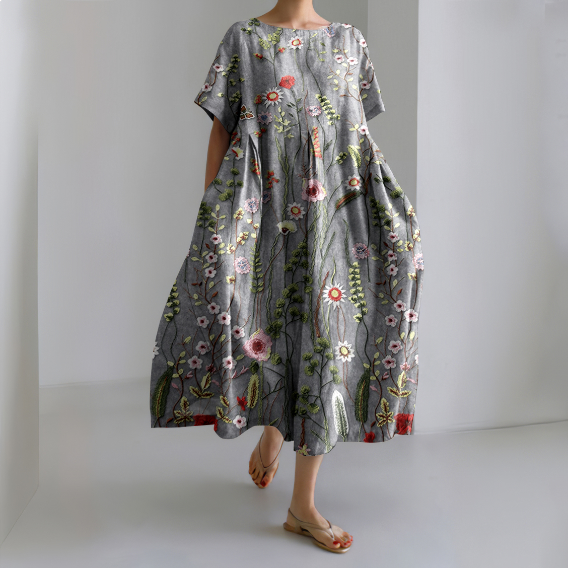 Women's Vintage Floral Embroidery Design Printed Dress