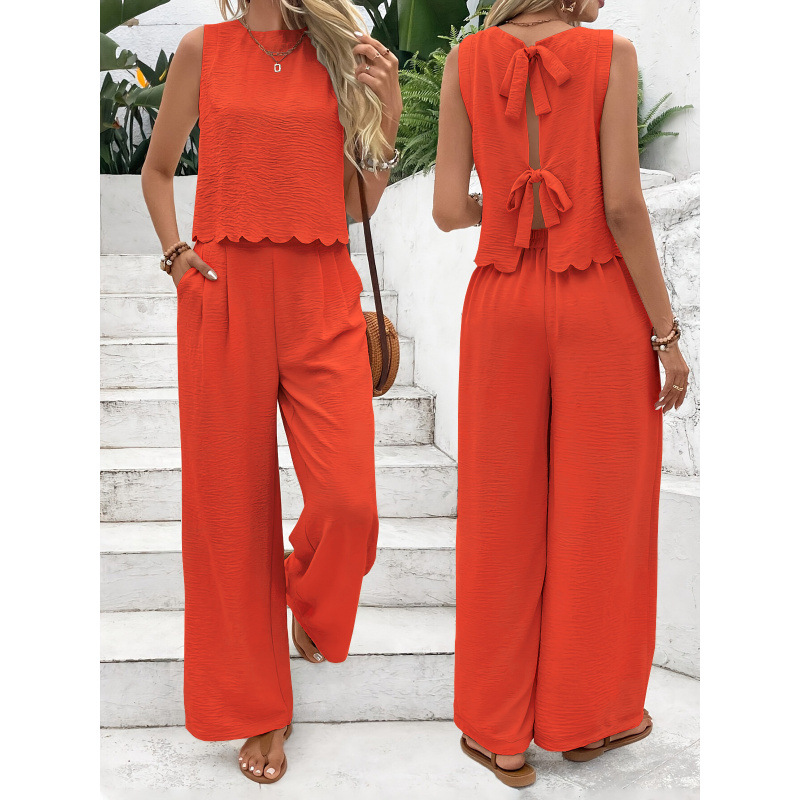 Women's Scallop Hem Two-Piece Set | Sleeveless Back Tie Top & Wide Leg Pants Casual Outfit