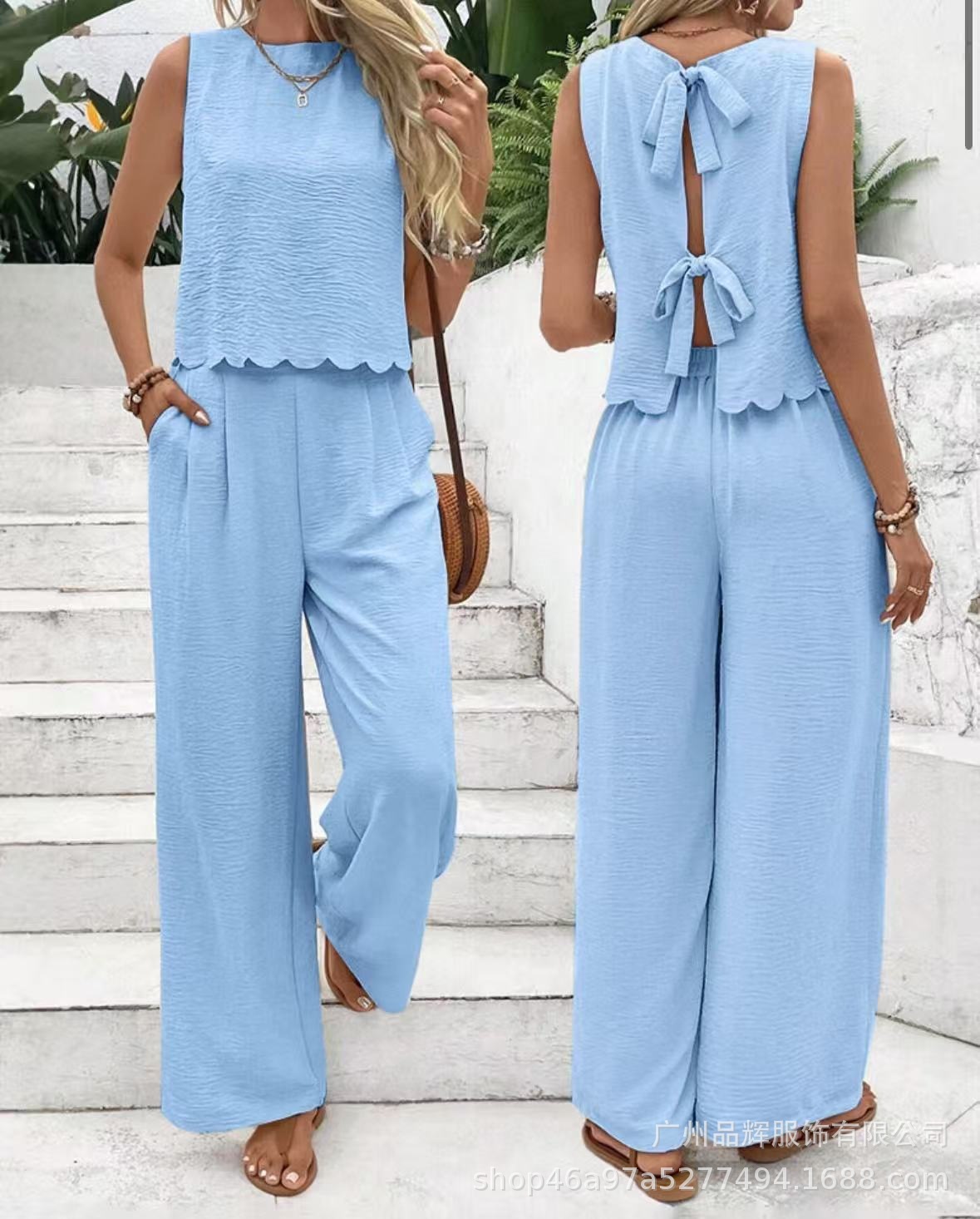 Women's Scallop Hem Two-Piece Set | Sleeveless Back Tie Top & Wide Leg Pants Casual Outfit