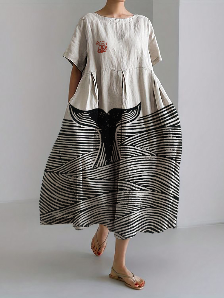 Whale Tail & Sea Waves Lino Art Linen Blend Maxi Dress
