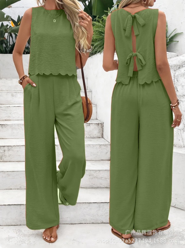 Women's Scallop Hem Two-Piece Set | Sleeveless Back Tie Top & Wide Leg Pants Casual Outfit