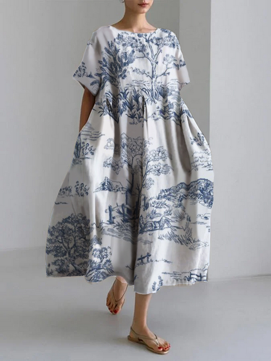 Women's  casual loose round neck floral skirt dress