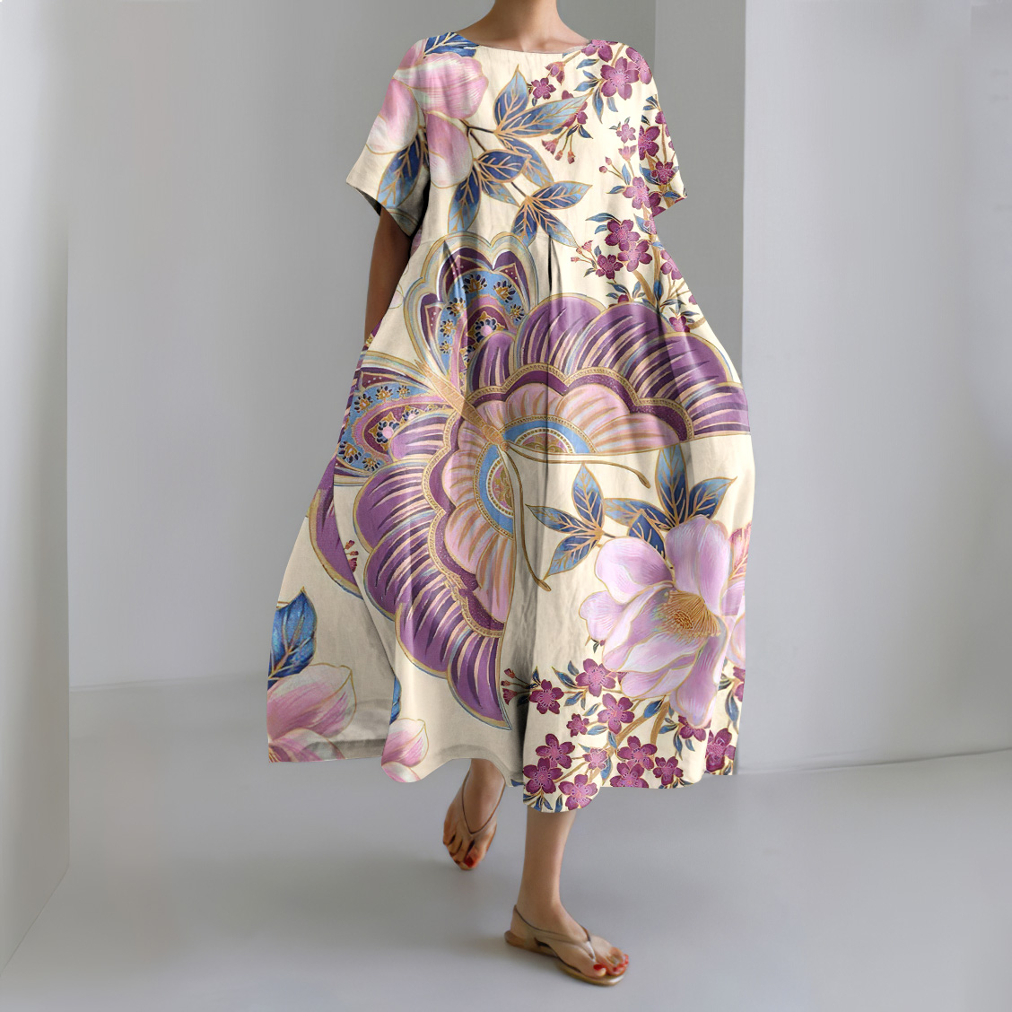 Vintage Japanese Art Flower Print Short Sleeve Casual Midi Dress