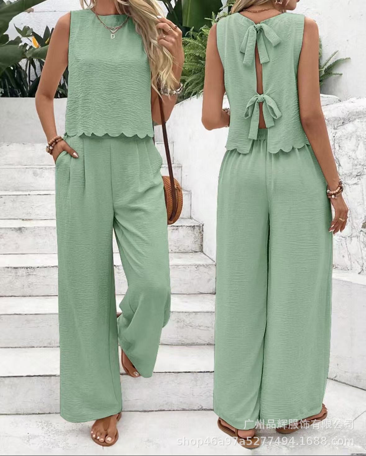 Women's Scallop Hem Two-Piece Set | Sleeveless Back Tie Top & Wide Leg Pants Casual Outfit