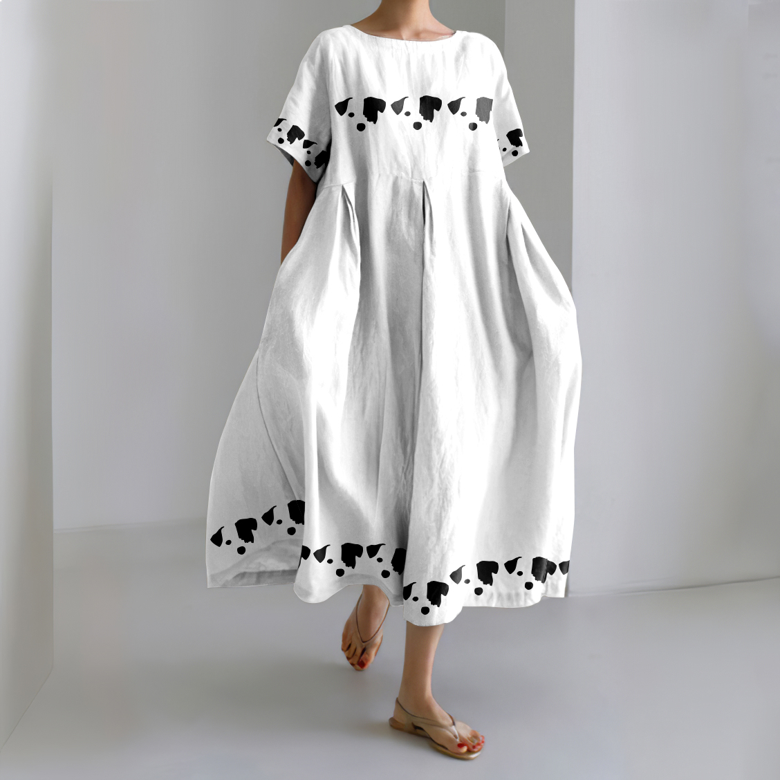 Cute Dog Print Crew Neck Short Sleeve Midi Dress