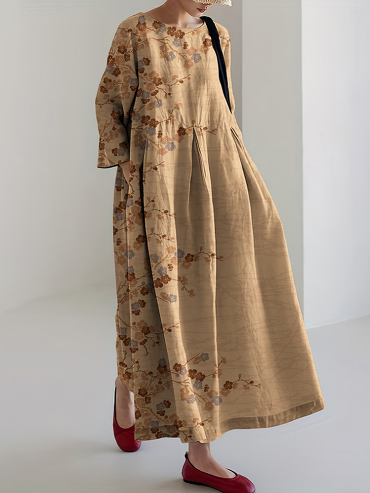 Japanese Cherry Blossoms Art Linen Blend Long Sleeve Maxi Dress