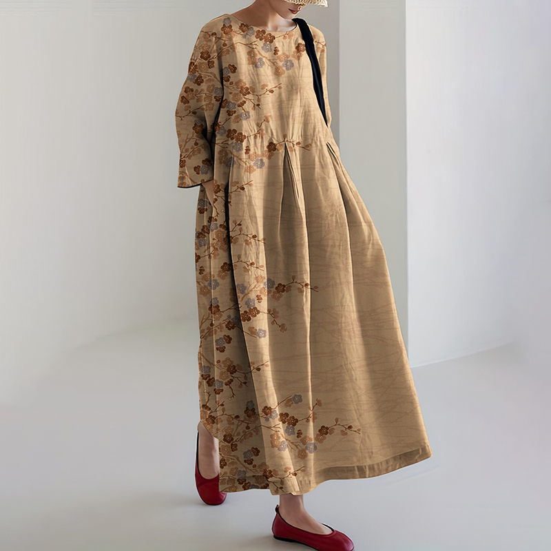 Japanese Cherry Blossoms Art Linen Blend Long Sleeve Maxi Dress