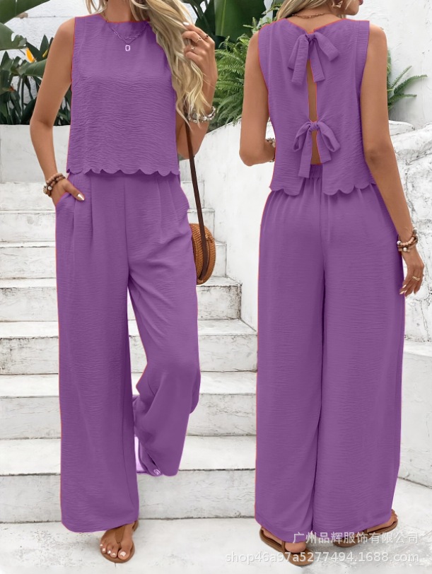 Women's Scallop Hem Two-Piece Set | Sleeveless Back Tie Top & Wide Leg Pants Casual Outfit