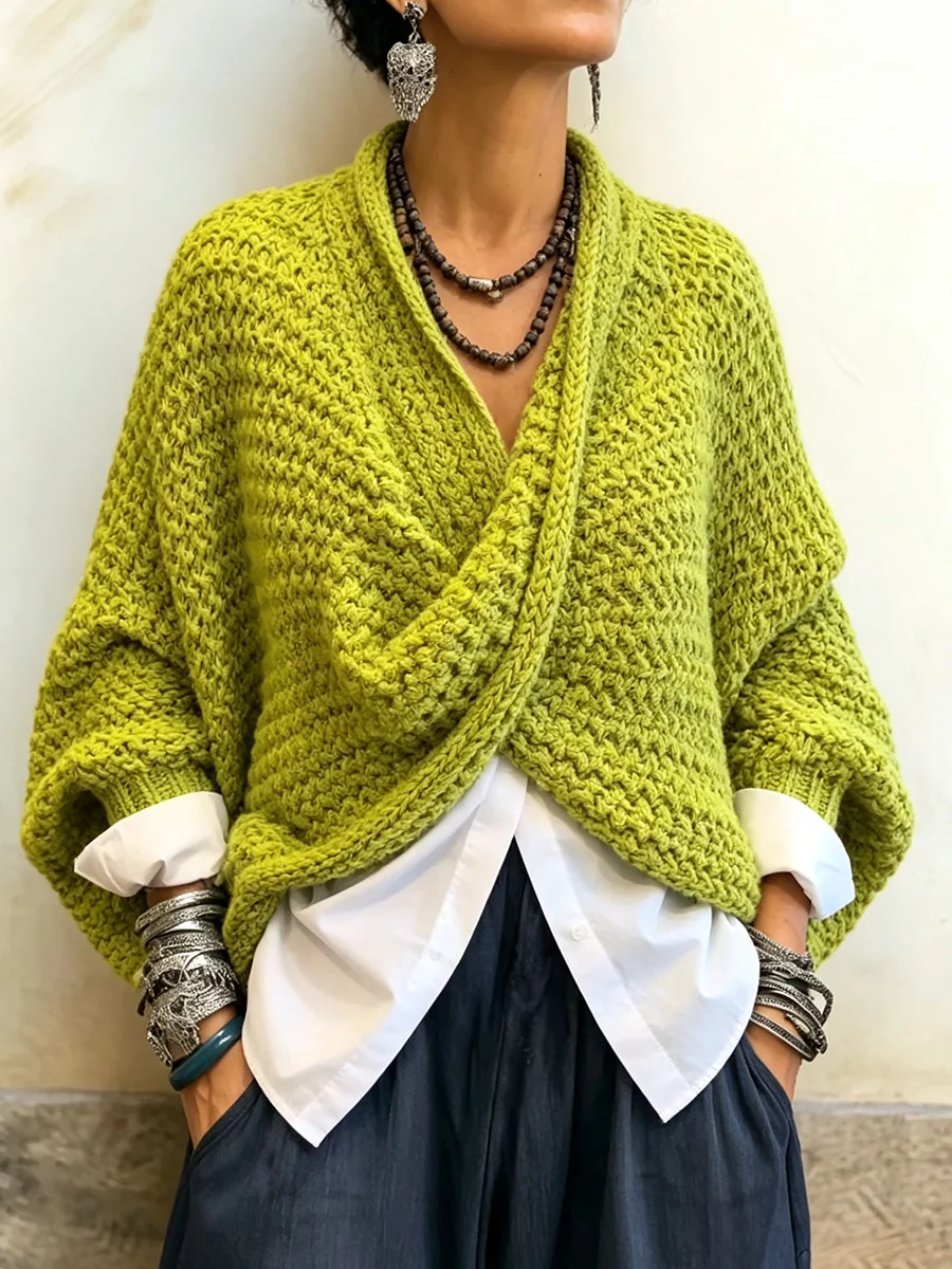 Women's Cable-Knit Twist-Front V-Neck Batwing Sweater in Green
