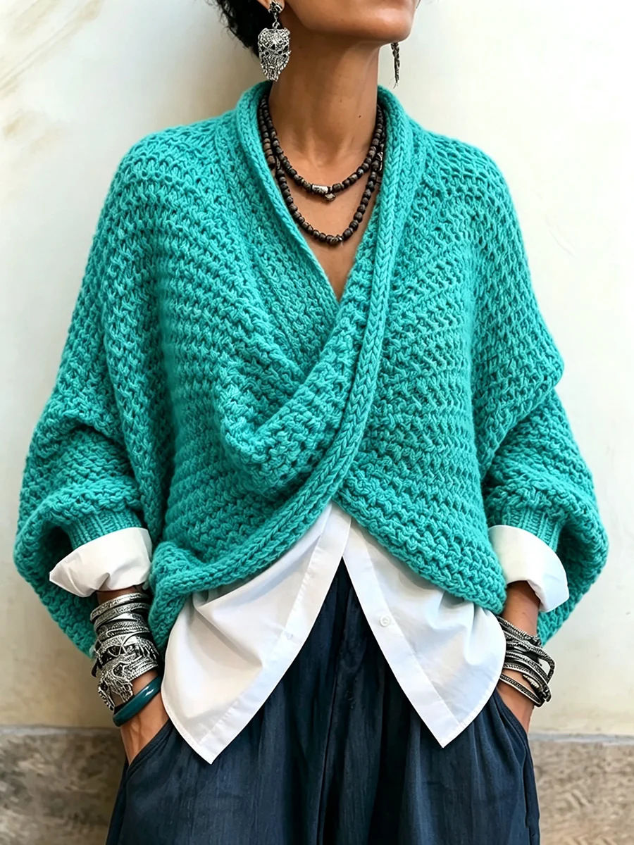 Women's Cable-Knit Twist-Front V-Neck Batwing Sweater in Teal