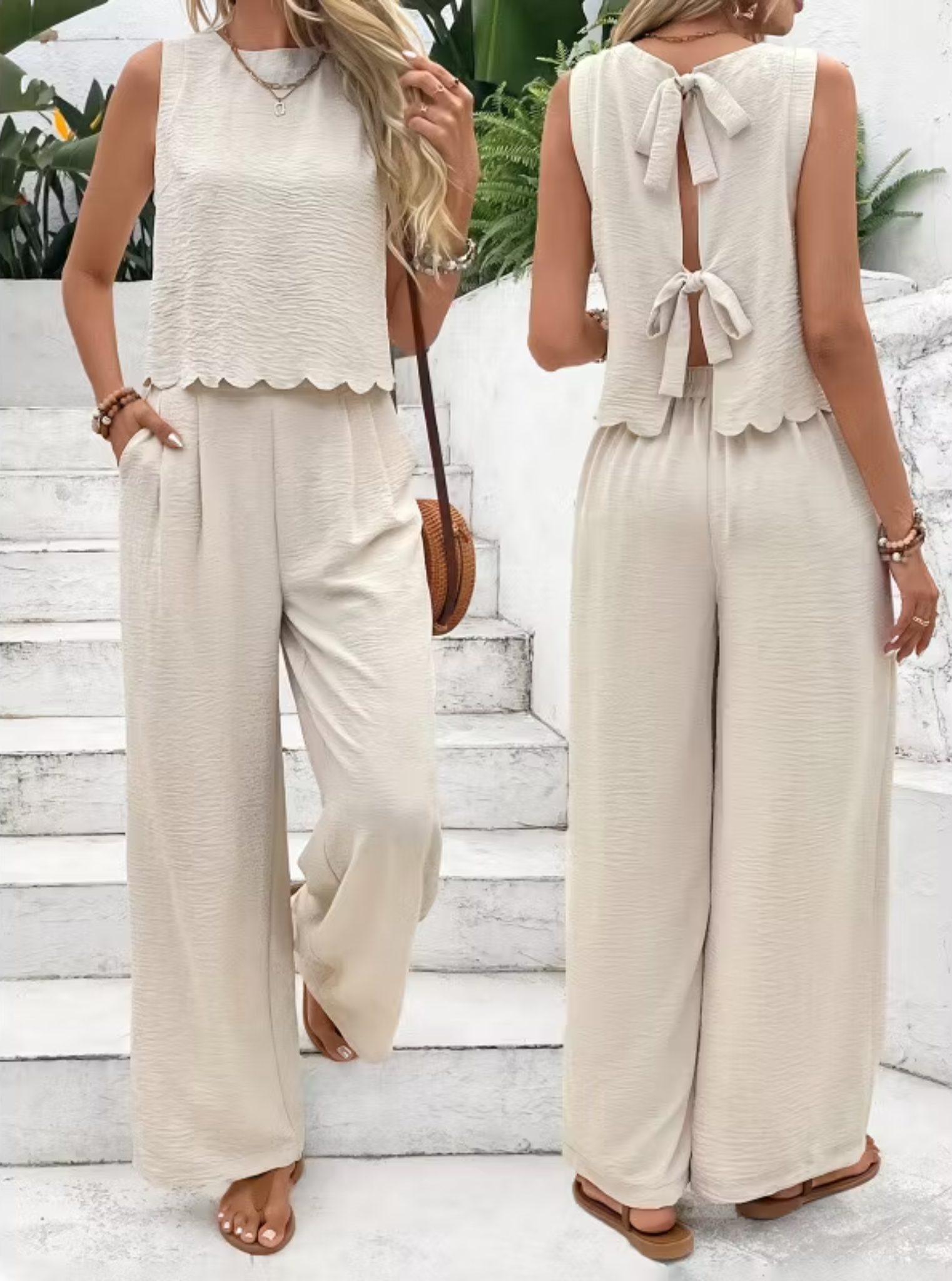 Women's Scallop Hem Two-Piece Set | Sleeveless Back Tie Top & Wide Leg Pants Casual Outfit
