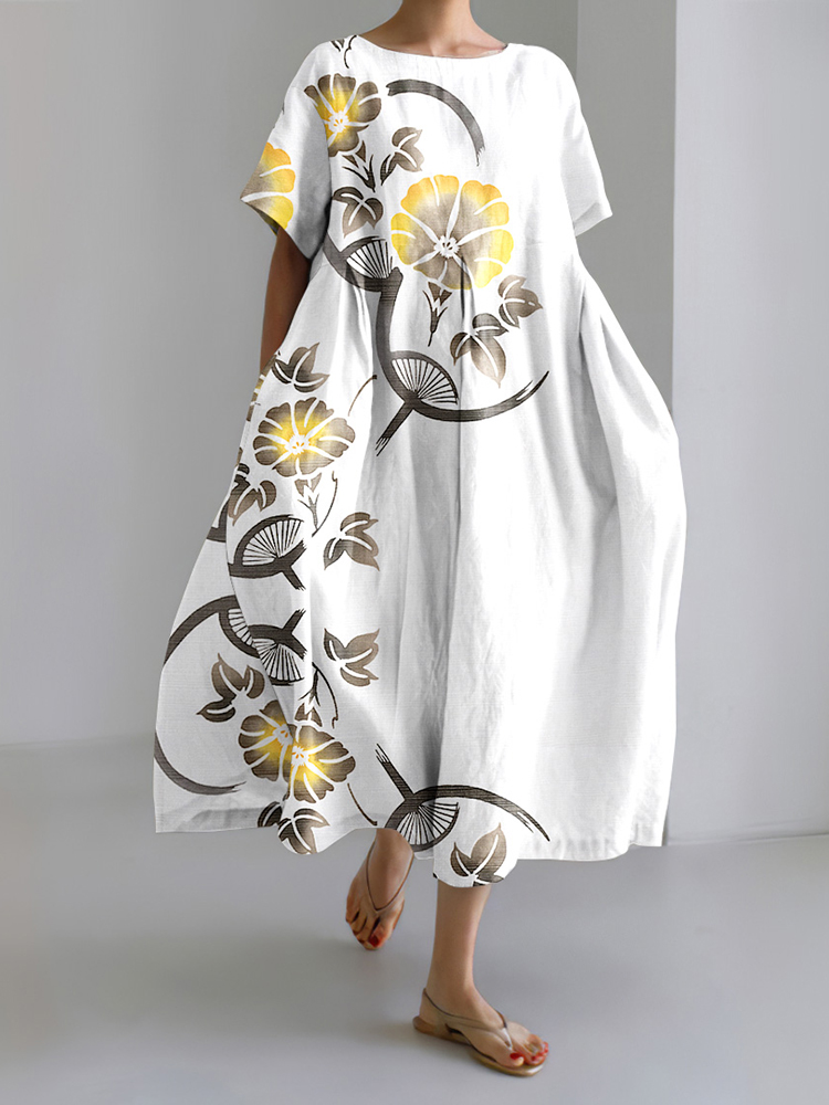 Japanese Art Flower Print Loose Midi Dress