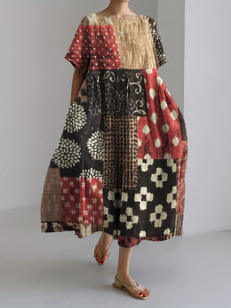 Japanese Floral Fiber Patchwork Linen Blend Maxi Dress