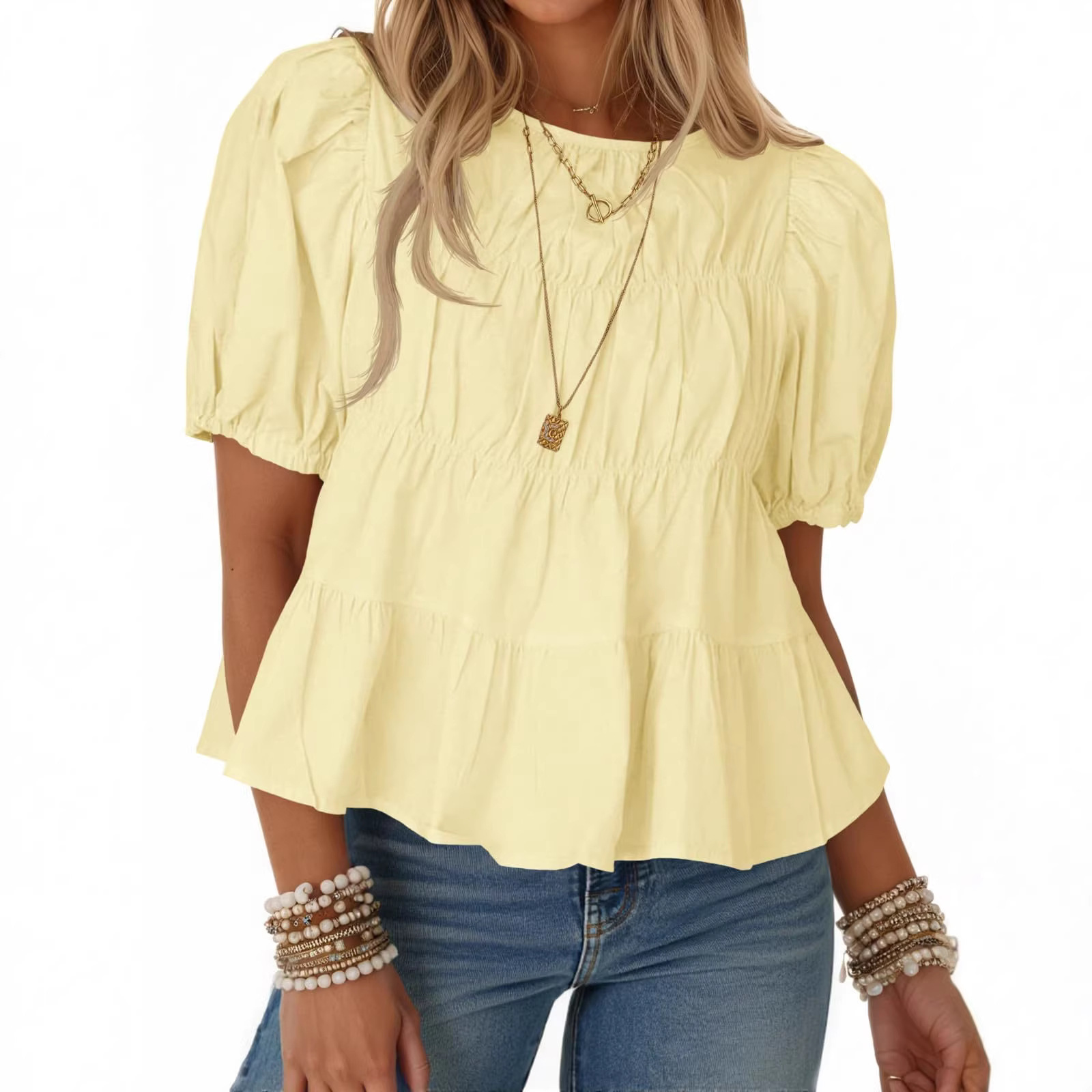 Tiered Round Neck Puff Sleeve Ruched Blouse