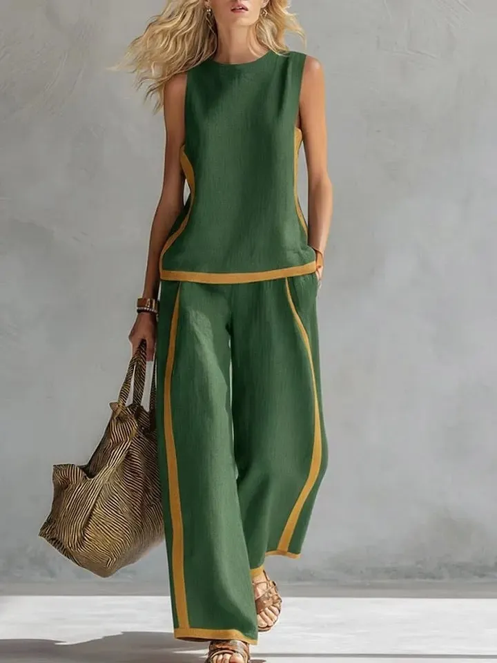 Damen-Set aus ärmellosem, lässigem, lockerem Oberteil mit Rundhalsausschnitt und lockerer Hose mit weitem Bein und hoher Taille aus Baumwolle und Leinen.