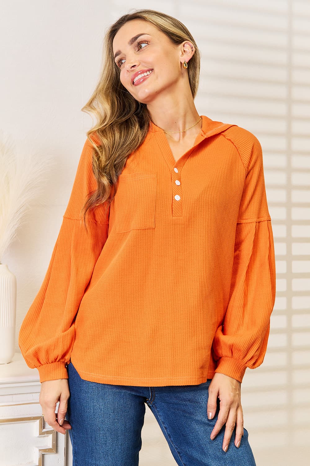 Orange waffle-knit pullover hoodie 1
