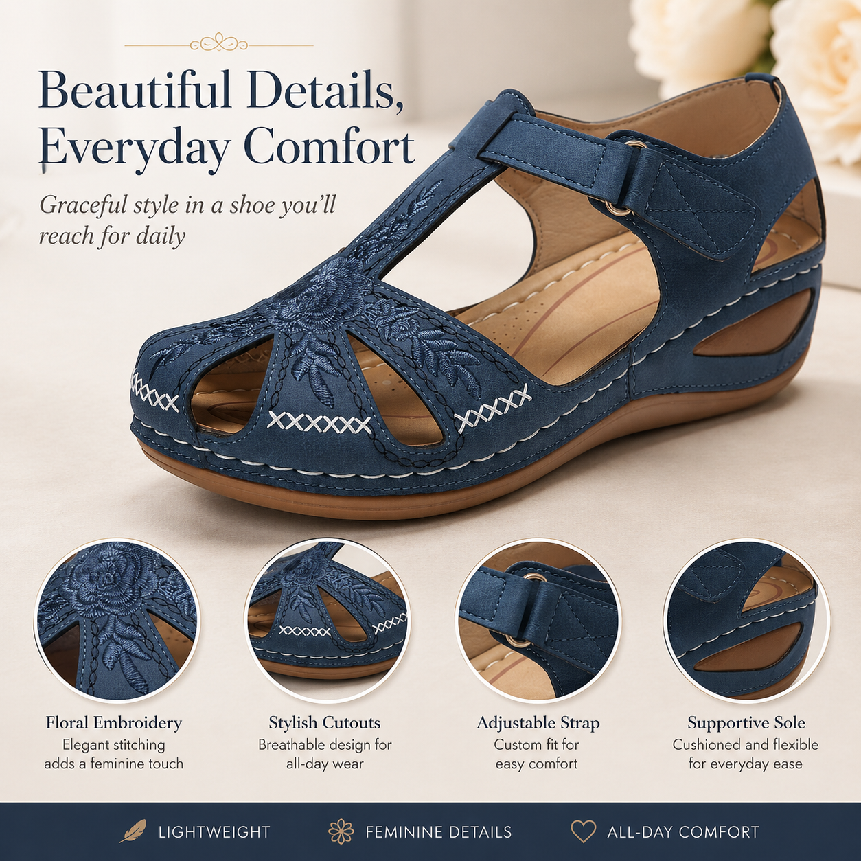 Damen-Wanderschuhe mit bestickten Ausschnitten – bequeme, rutschfeste Mary-Jane-Sandalen für den Alltag