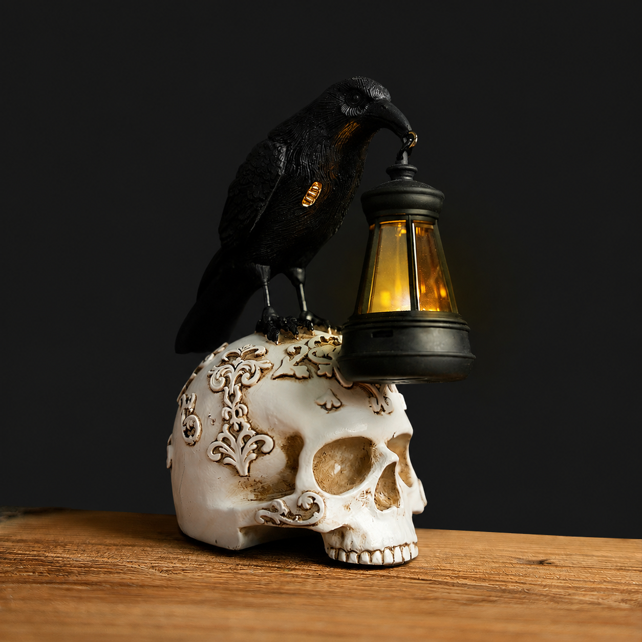 Raven Skull Lantern Gothic Night Light, Dark Academia Table Lamp, Halloween Crow Statue Decor for Shelf