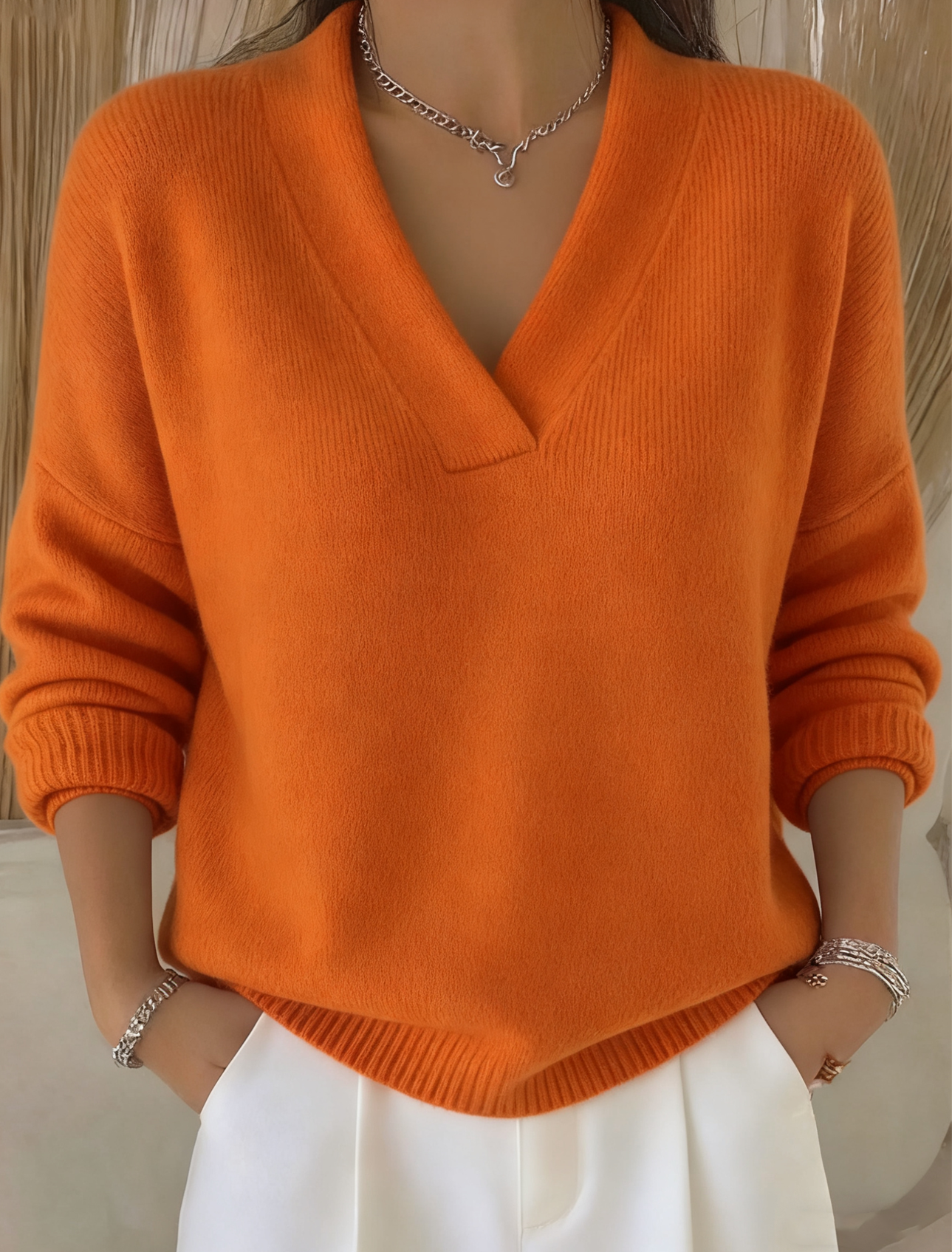 Lässiges, einfarbiges Pullover-Oberteil mit V-Ausschnitt für Damen