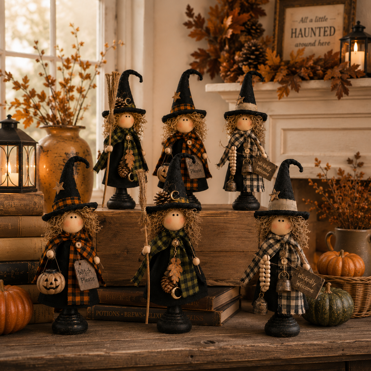 Vintage Primitive Witch Trio – Rustikale Halloween-Tischdekoration