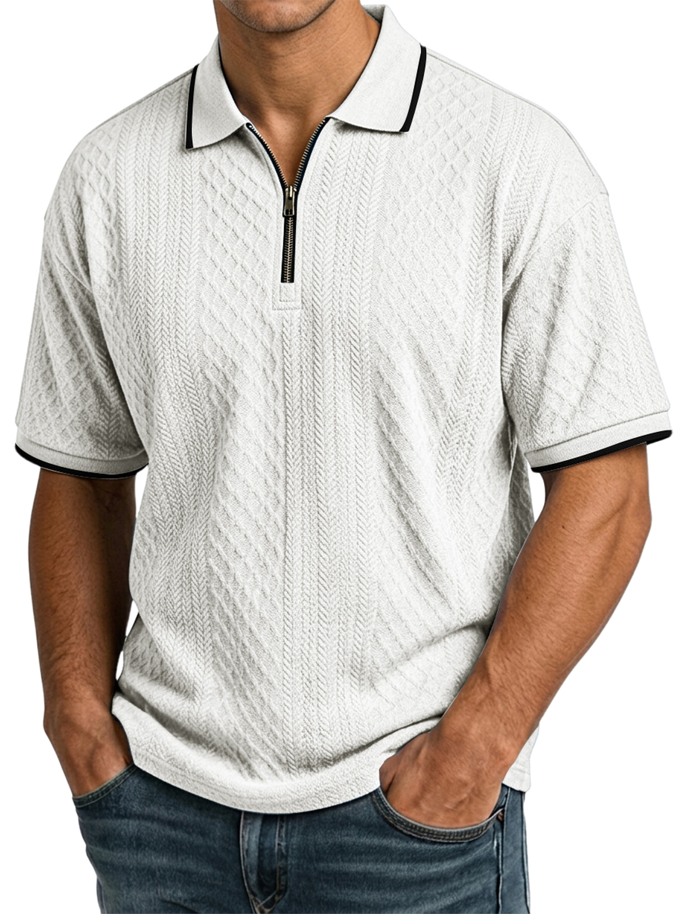 Lässiges, kurzärmliges Herren-Poloshirt aus Jacquard mit strukturiertem Kragen und Reißverschluss – das bequeme Poloshirt, das Männer immer wieder tragen