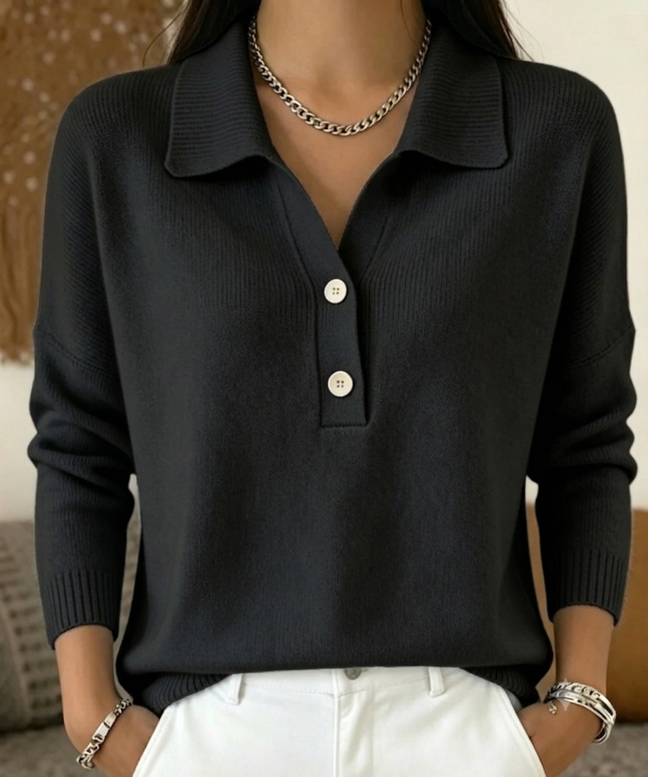 Entspannter Damen-Strickpullover mit zwei Knöpfen und Polokragen