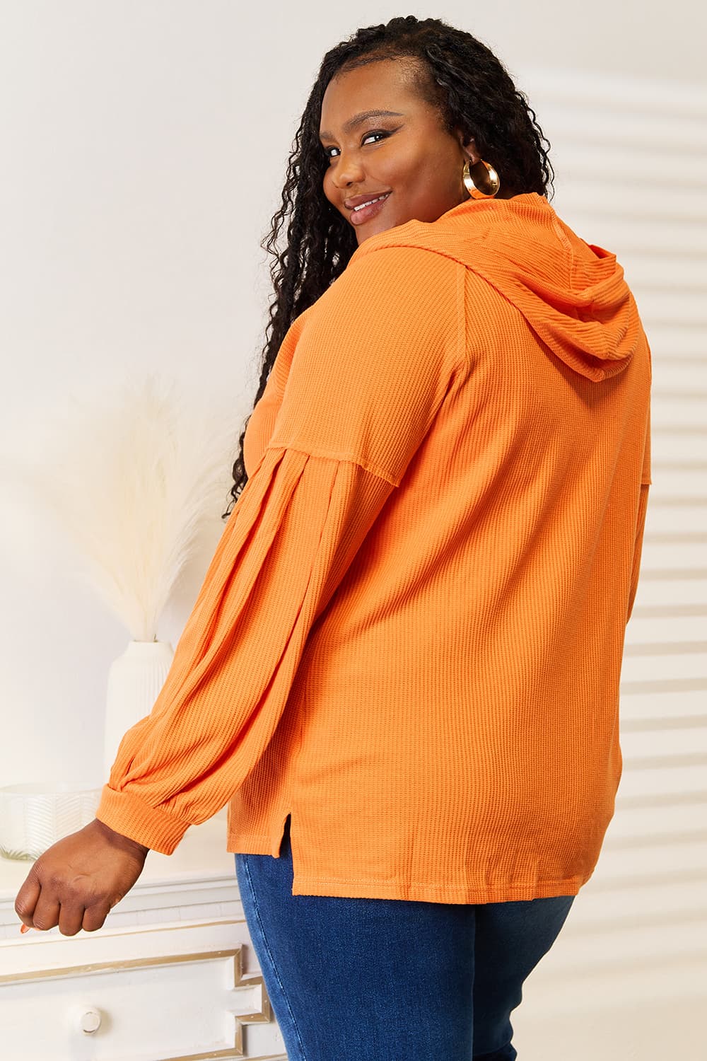 Orange waffle-knit pullover hoodie 6