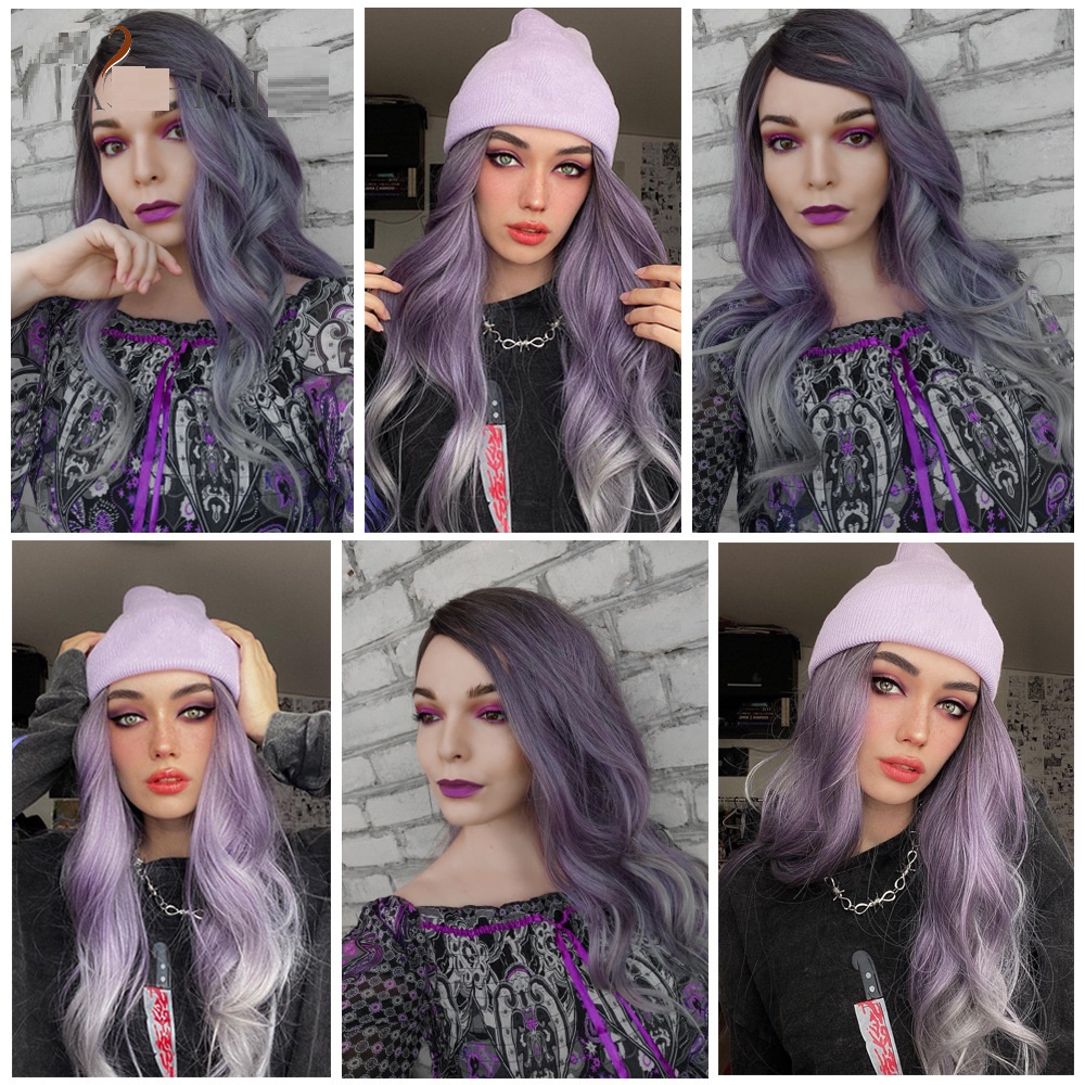 Purple medium curly synthetic costume wig