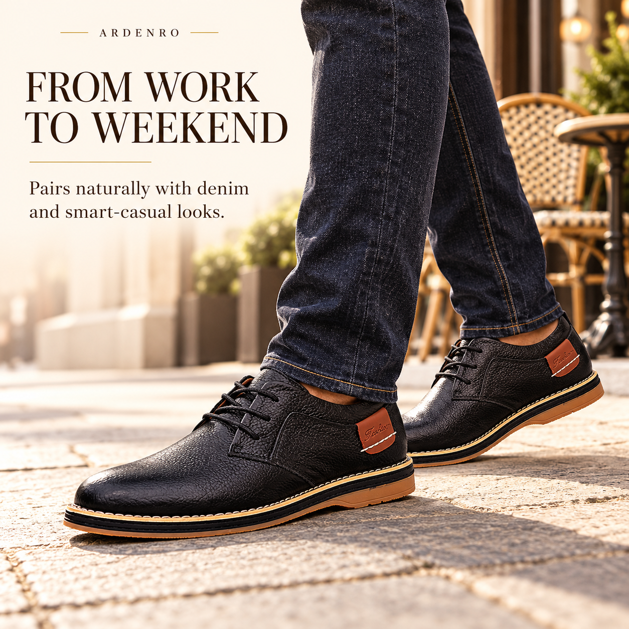 TOPSFANO black lace-up shoes styled with denim