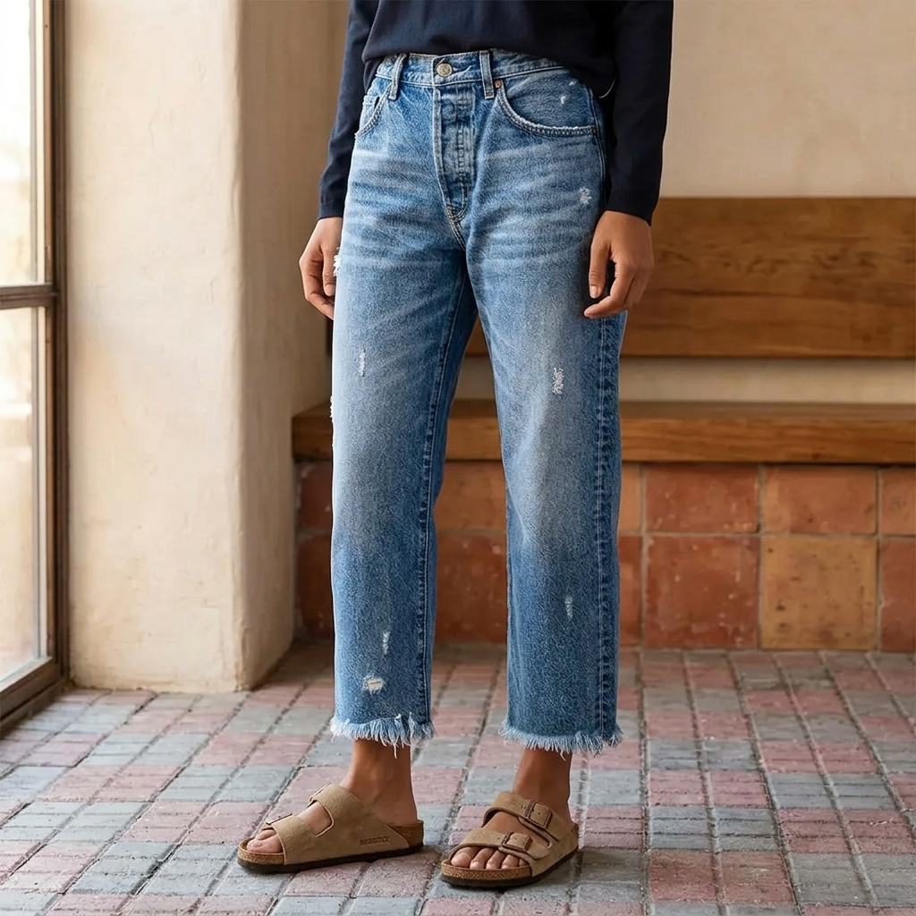 Women's Retro Fringed Cropped Straight Leg Jeans