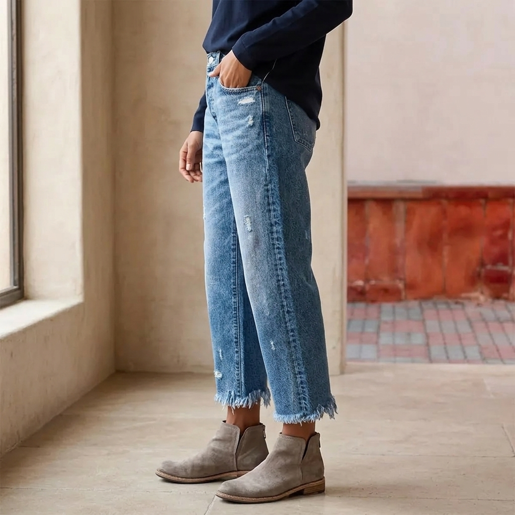 Women's Retro Fringed Cropped Straight Leg Jeans
