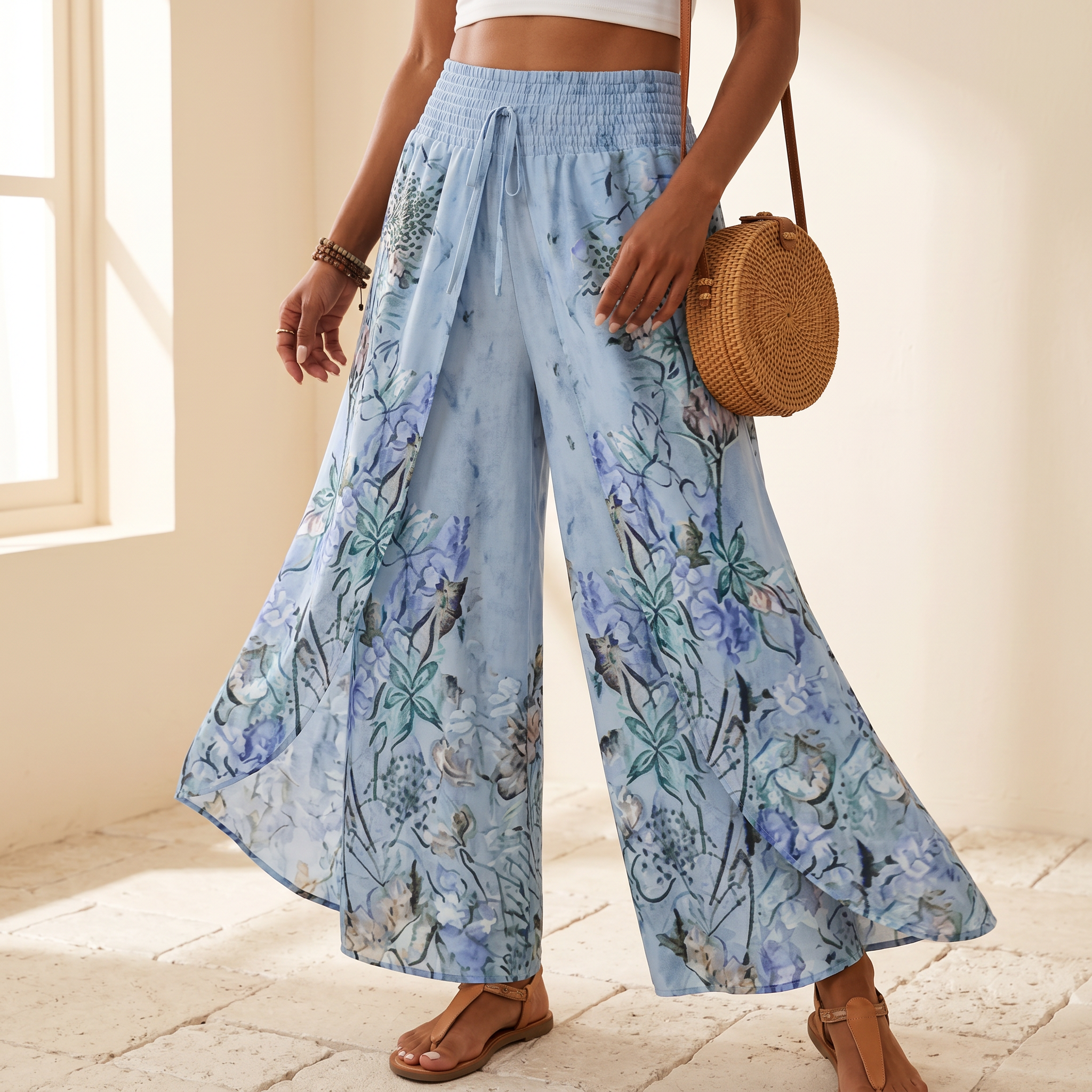 Women's Boho Floral Wide-Leg Pants