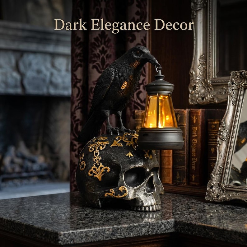 Raven Skull Lantern Gothic Night Light, Dark Academia Table Lamp, Halloween Crow Statue Decor for Shelf