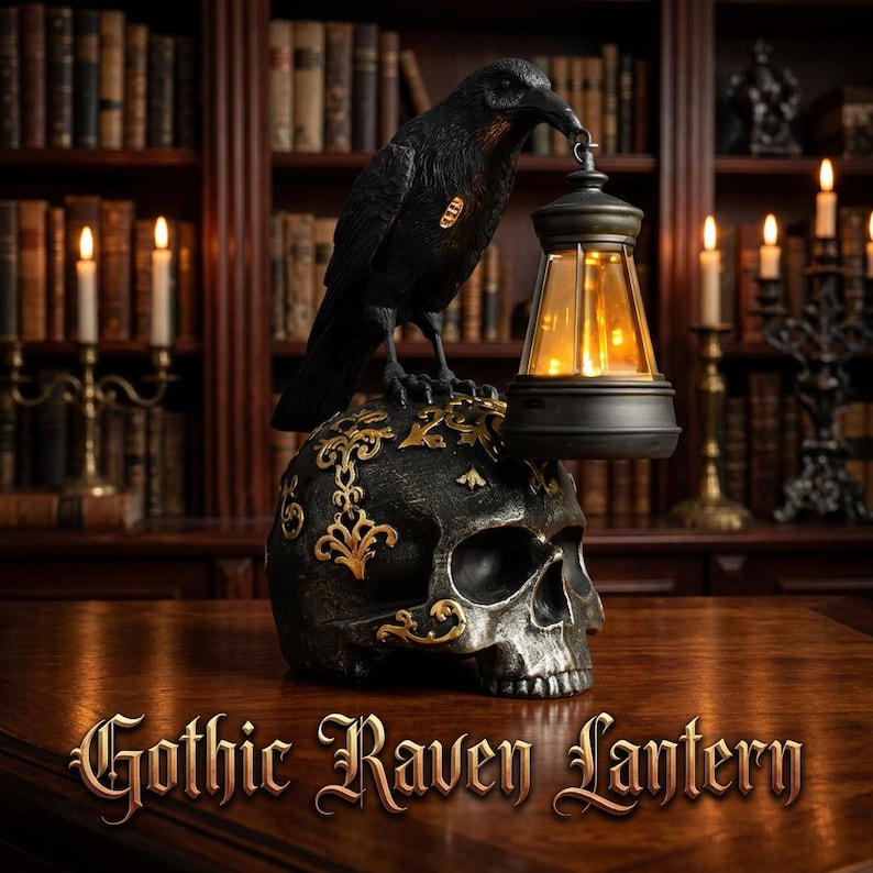 Raven Skull Lantern Gothic Night Light, Dark Academia Table Lamp, Halloween Crow Statue Decor for Shelf