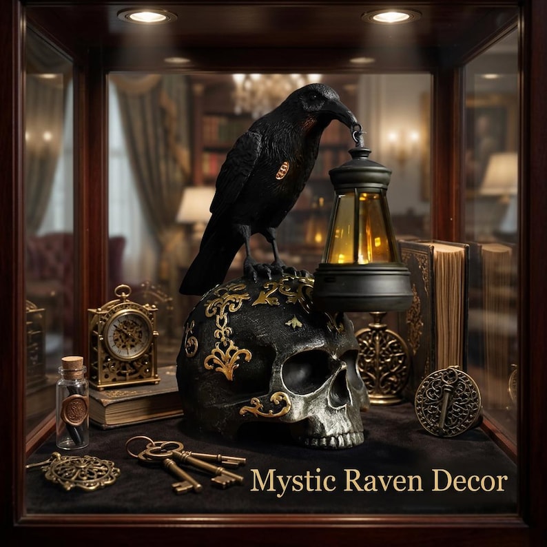 Raven Skull Lantern Gothic Night Light, Dark Academia Table Lamp, Halloween Crow Statue Decor for Shelf