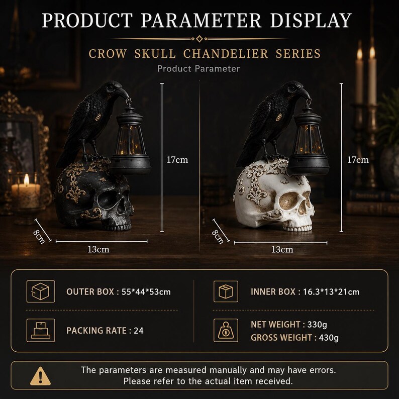 Raven Skull Lantern Gothic Night Light, Dark Academia Table Lamp, Halloween Crow Statue Decor for Shelf