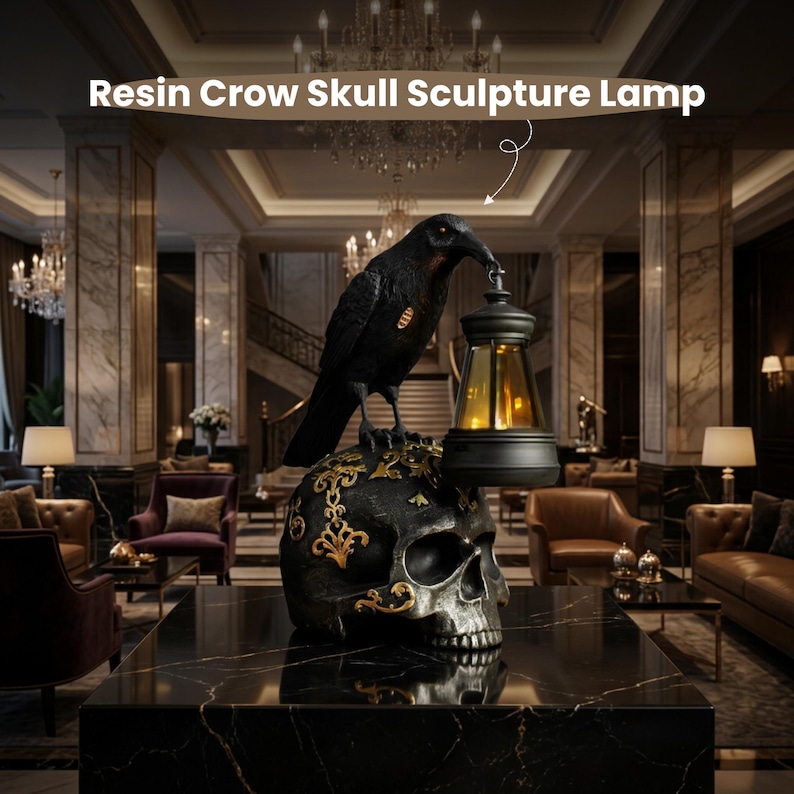 Raven Skull Lantern Gothic Night Light, Dark Academia Table Lamp, Halloween Crow Statue Decor for Shelf