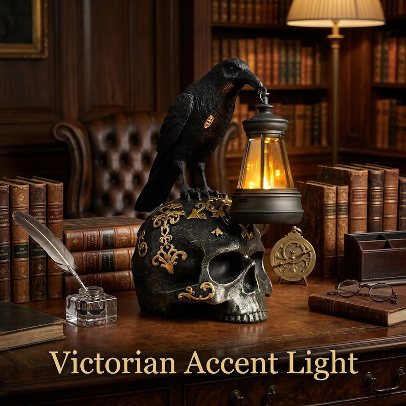Raven Skull Lantern Gothic Night Light, Dark Academia Table Lamp, Halloween Crow Statue Decor for Shelf