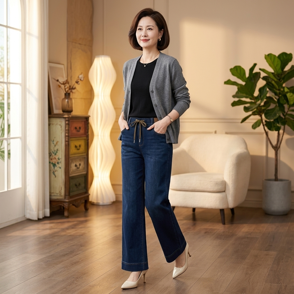 Drawstring Wide-Leg Comfort Jeans
