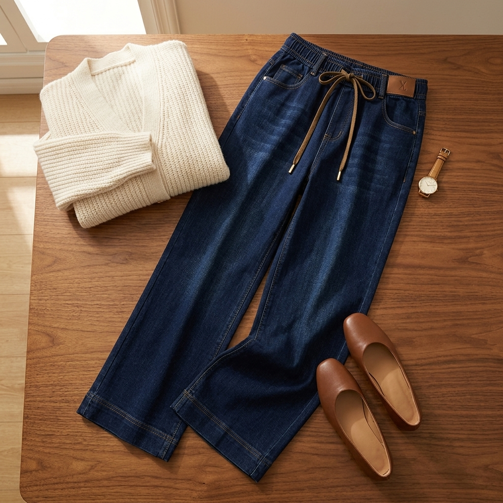 Drawstring Wide-Leg Comfort Jeans