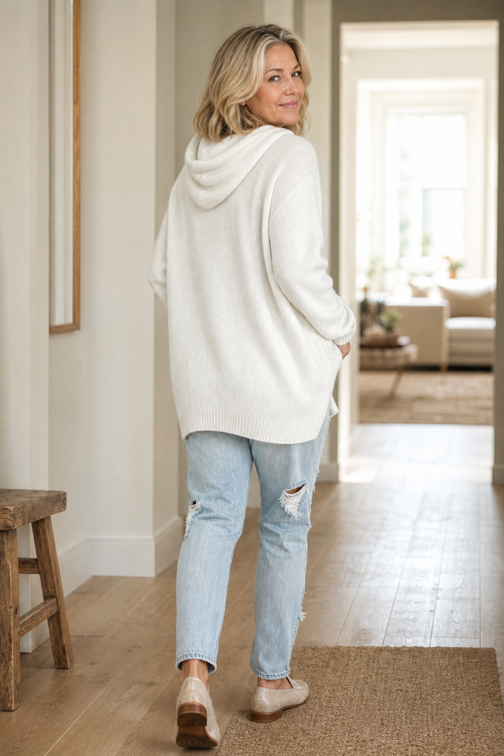 Oversized Drawstring Hooded Knit Sweater
