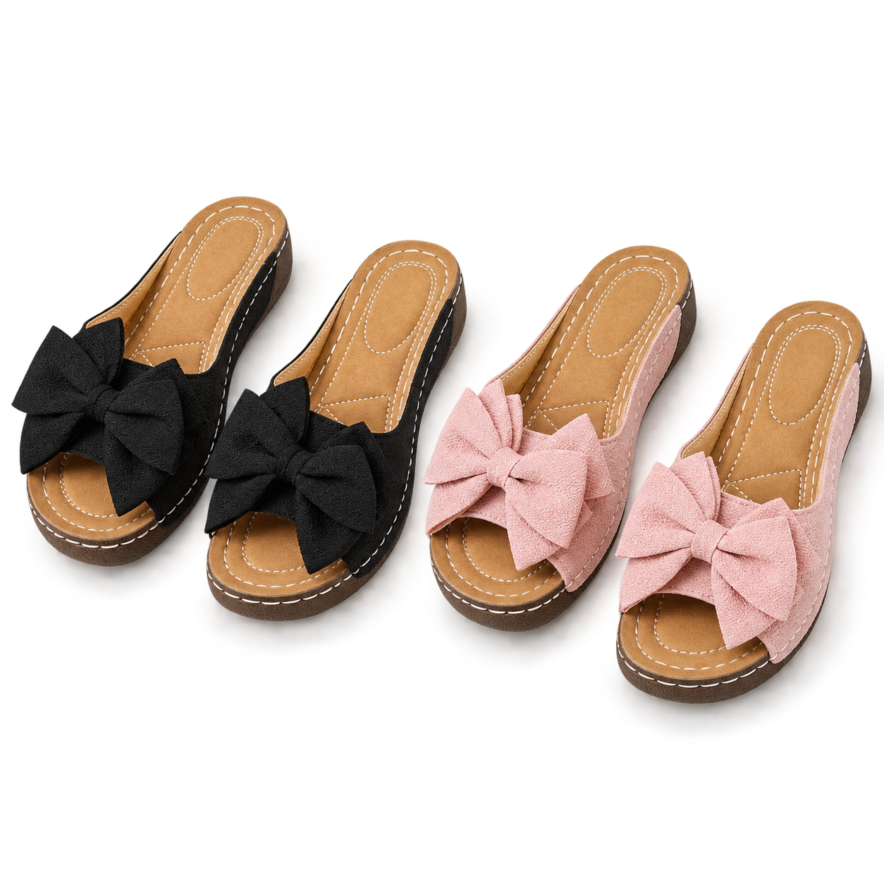 Two pairs of bow wedge sandals: Black + Pink