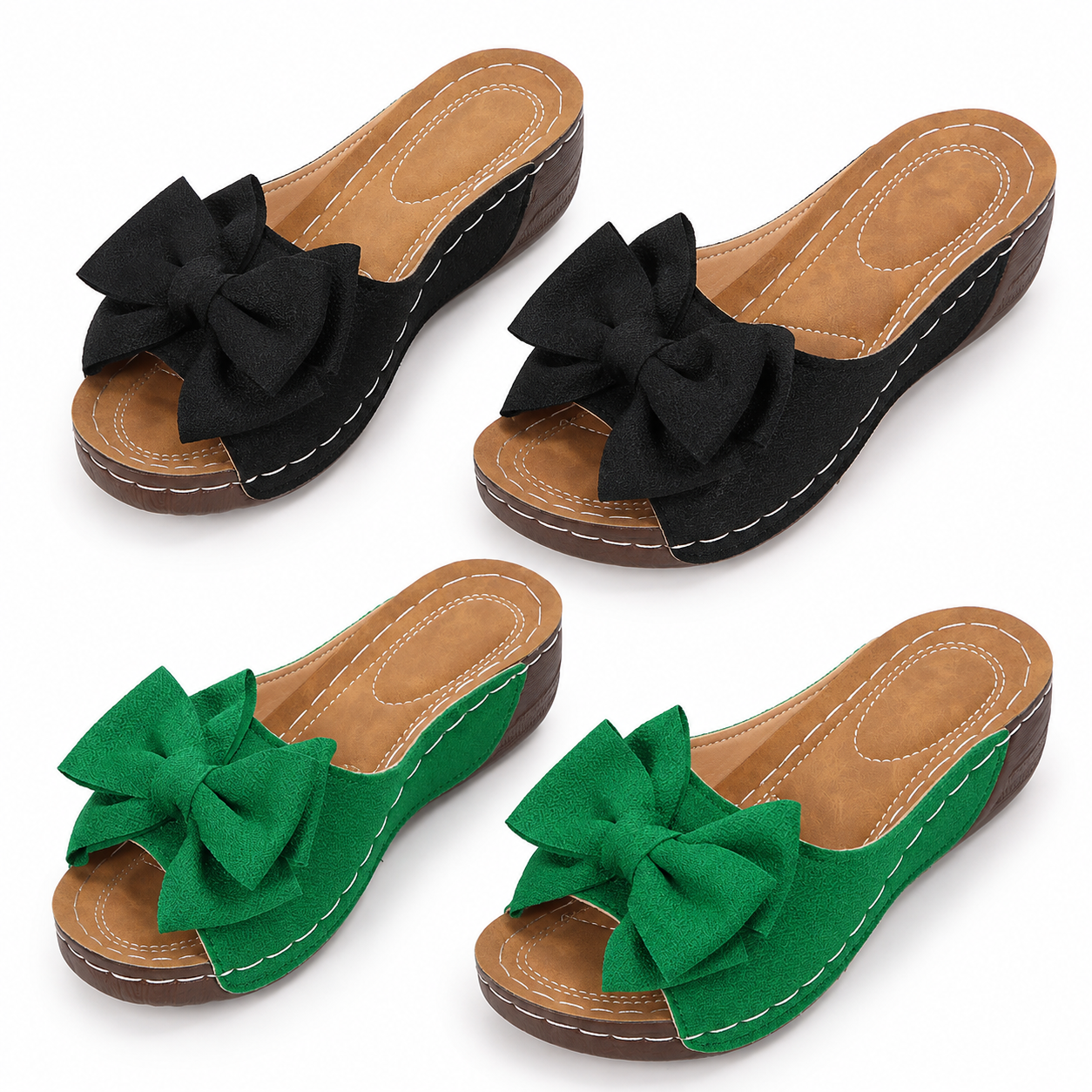 Two pairs of bow wedge sandals: Black + Green