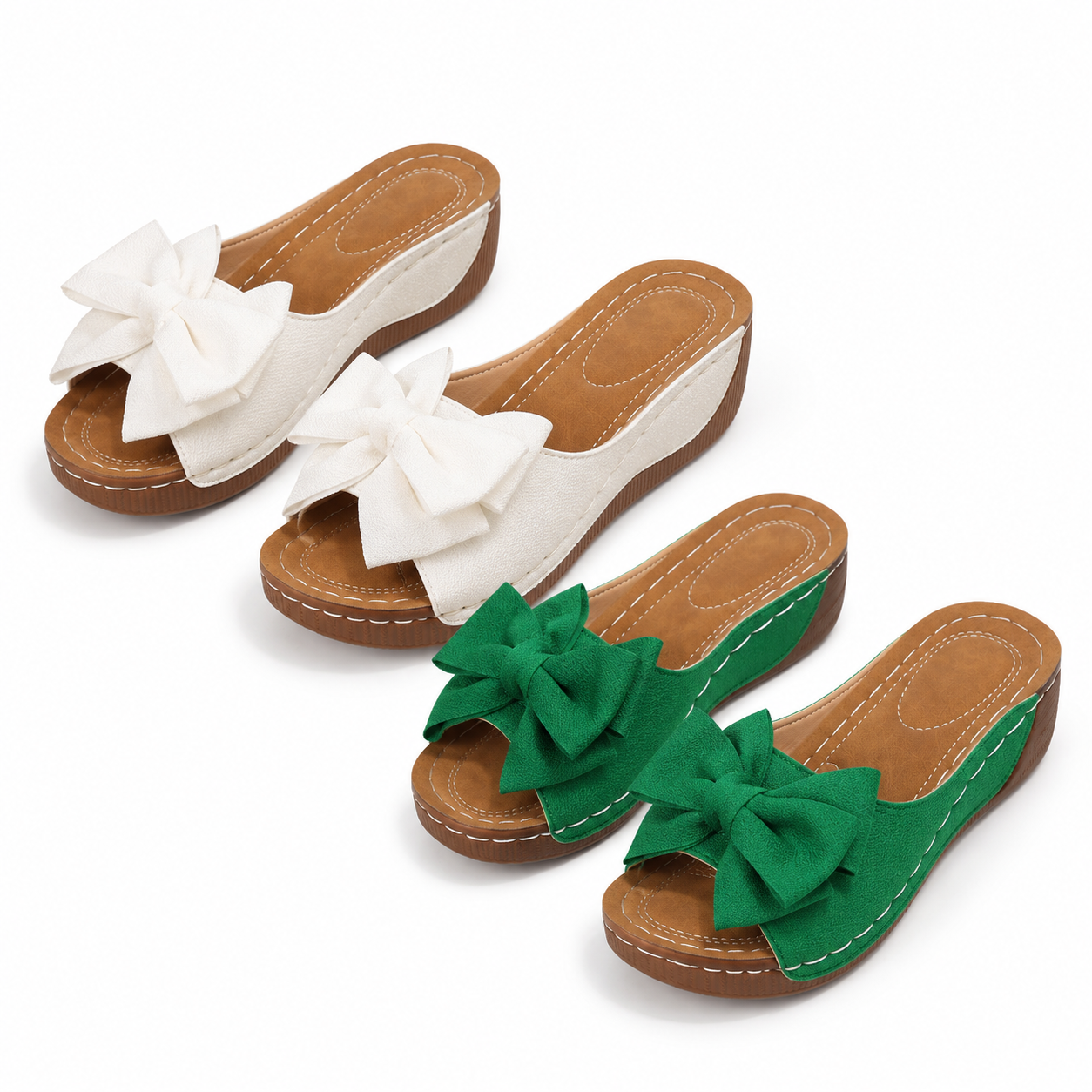 Two pairs of bow wedge sandals: White + Green