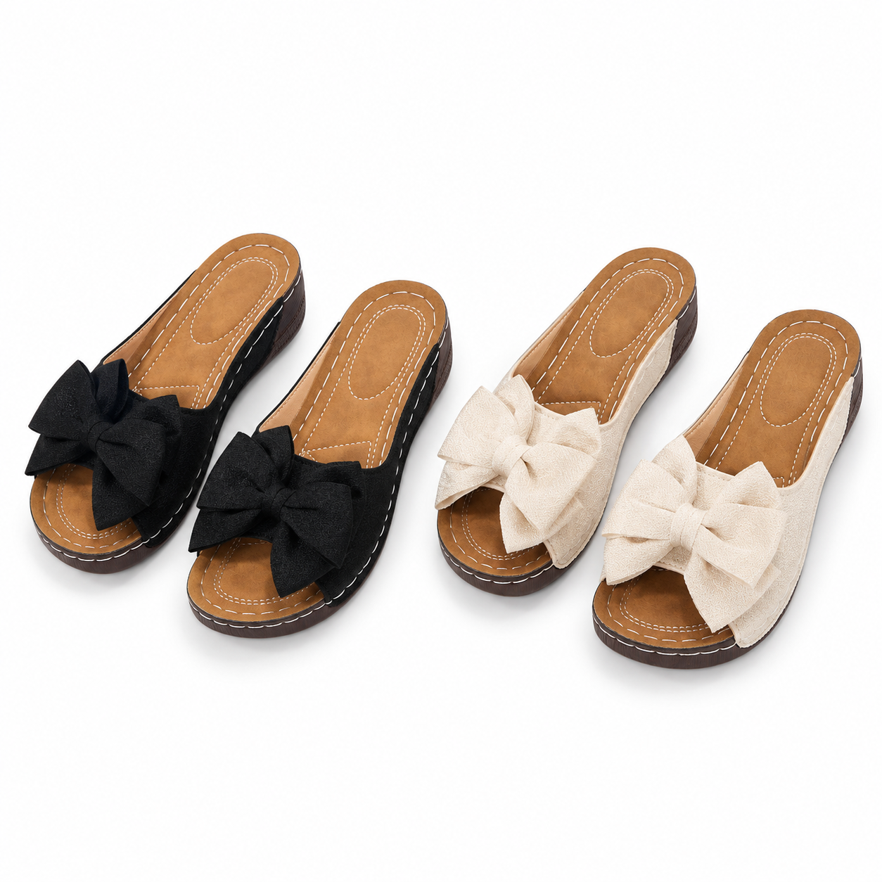 Two pairs of bow wedge sandals: Black + Off-white