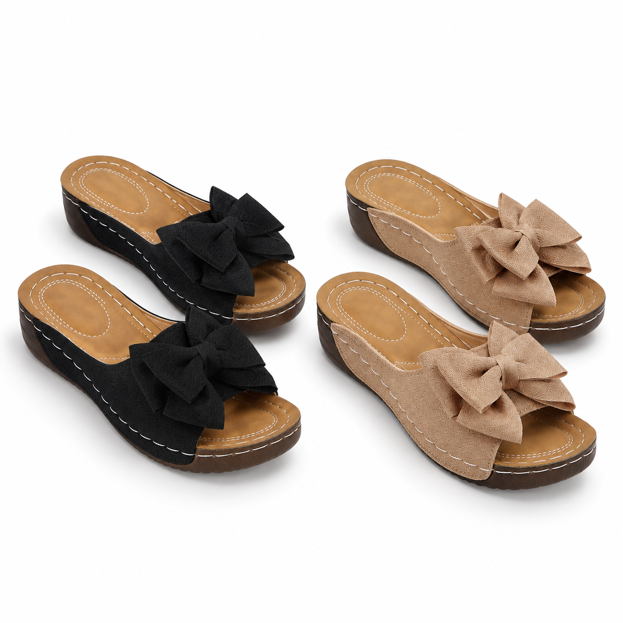 Two pairs of bow wedge sandals: Black + Khaki