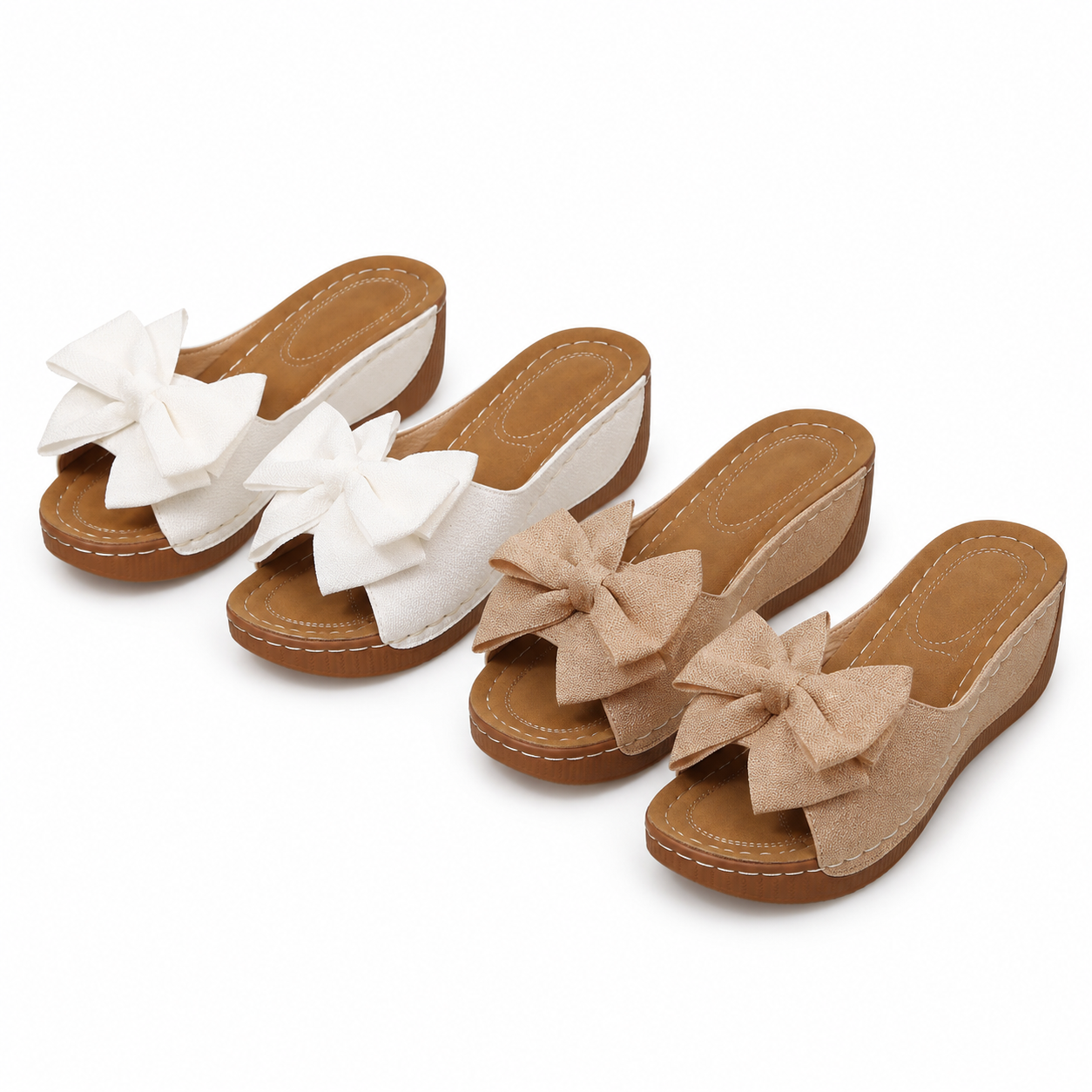 Two pairs of bow wedge sandals: White + Khaki