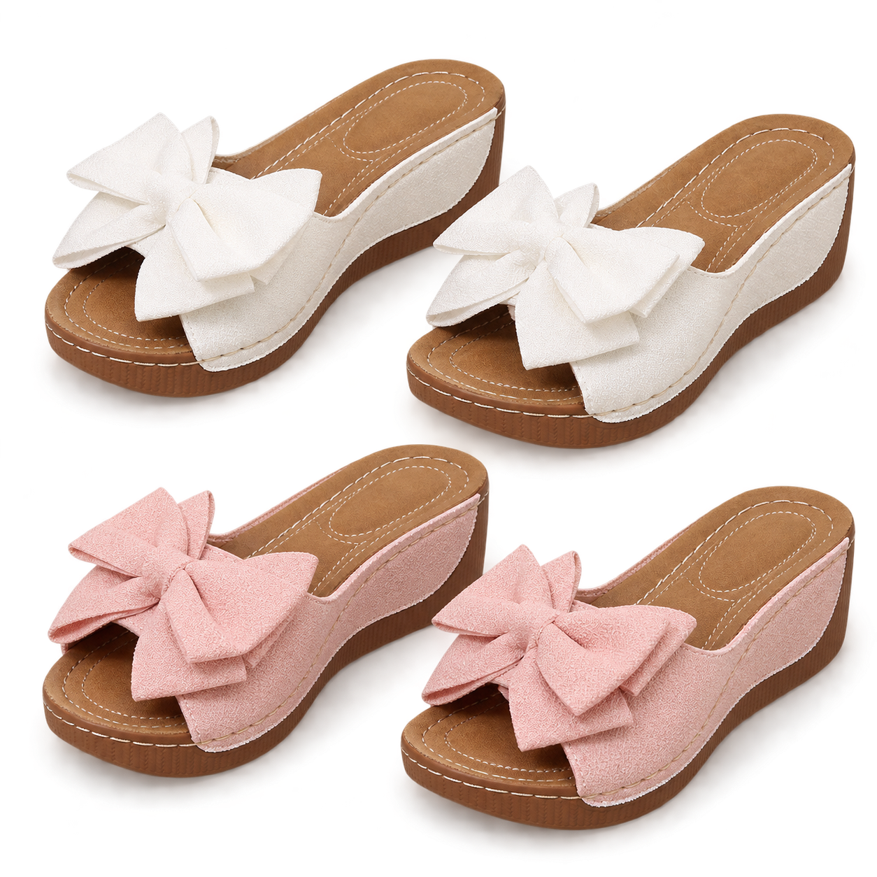 Two pairs of bow wedge sandals: White + Pink