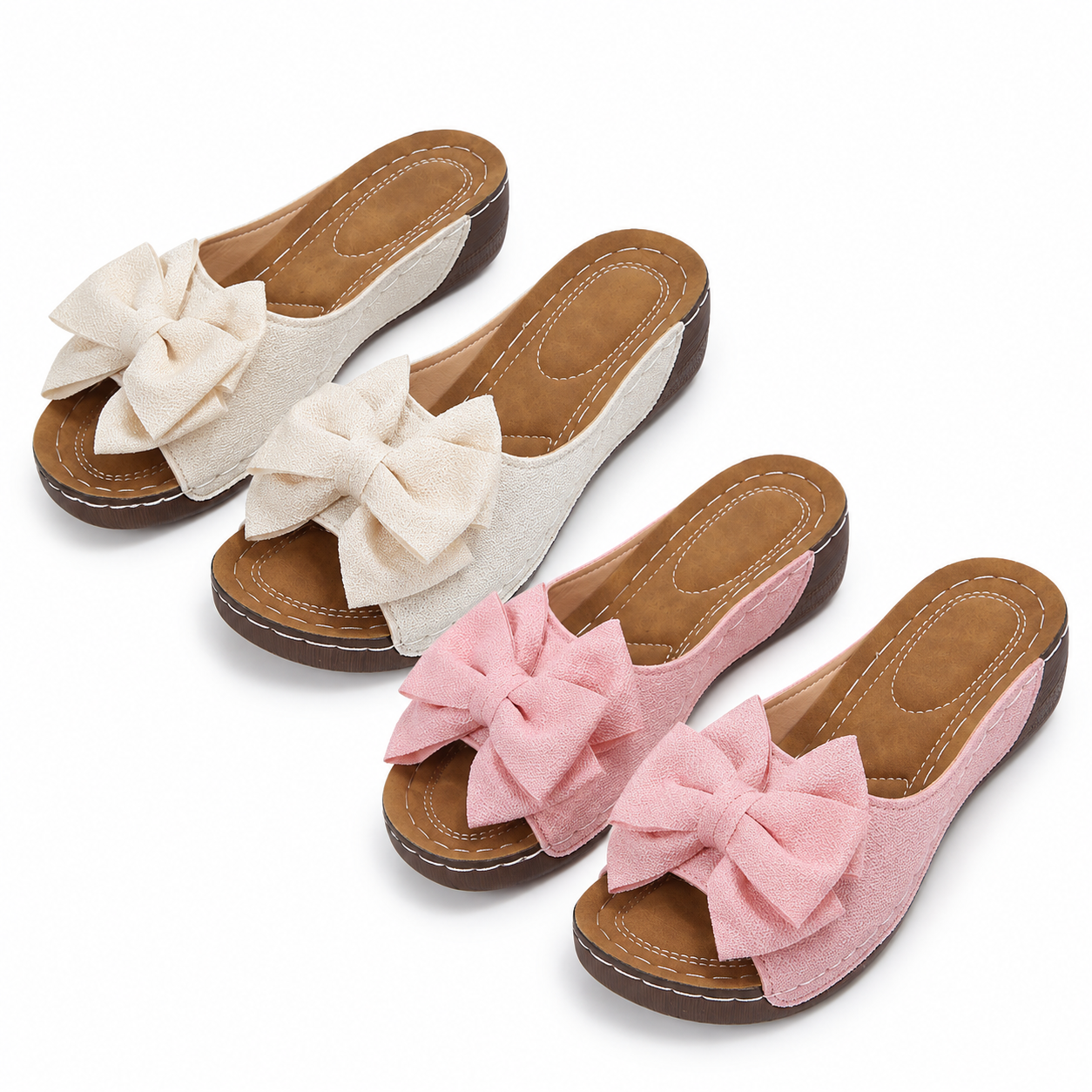 Two pairs of bow wedge sandals: Off-white + Pink