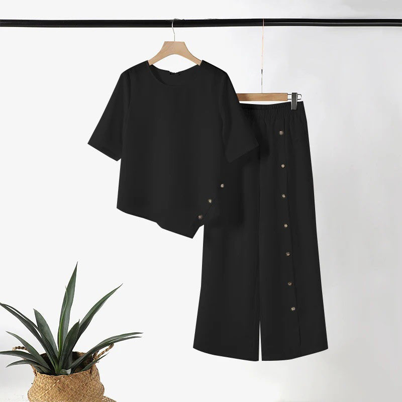 ⏳Zeitlich begrenztes Angebot⏰Zweiteiliges Set mit Oberteil mit unregelmäßigem Saum und Hose mit weitem Bein